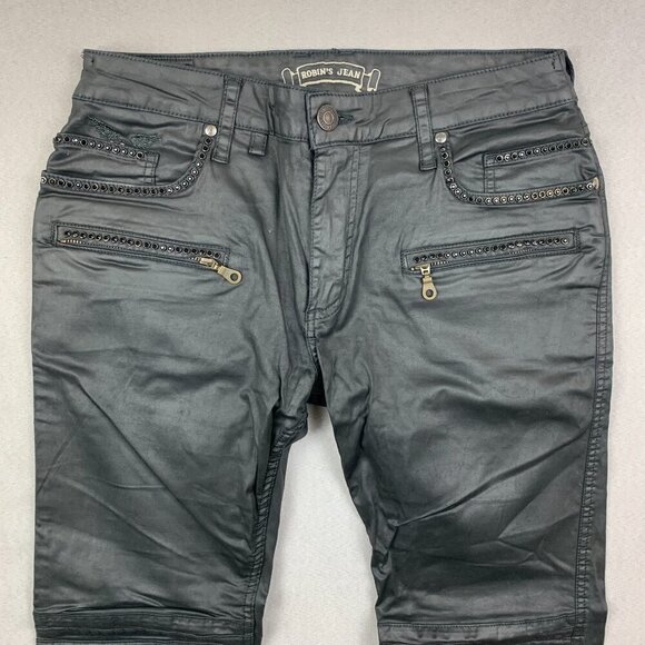 Robins Jean Men Pants 32x30 Black Studded Jeans Slim Fake Leather Motard Biker - Picture 2 of 16